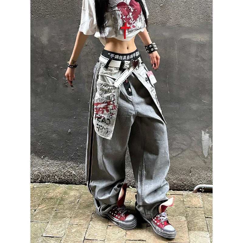 Women's Grey Gothic Y2k Oversize Jeans Harajuku Vintage Baggy Denim Trouser Japanese 2000s Style Boyfriend Jeans Pants Summer