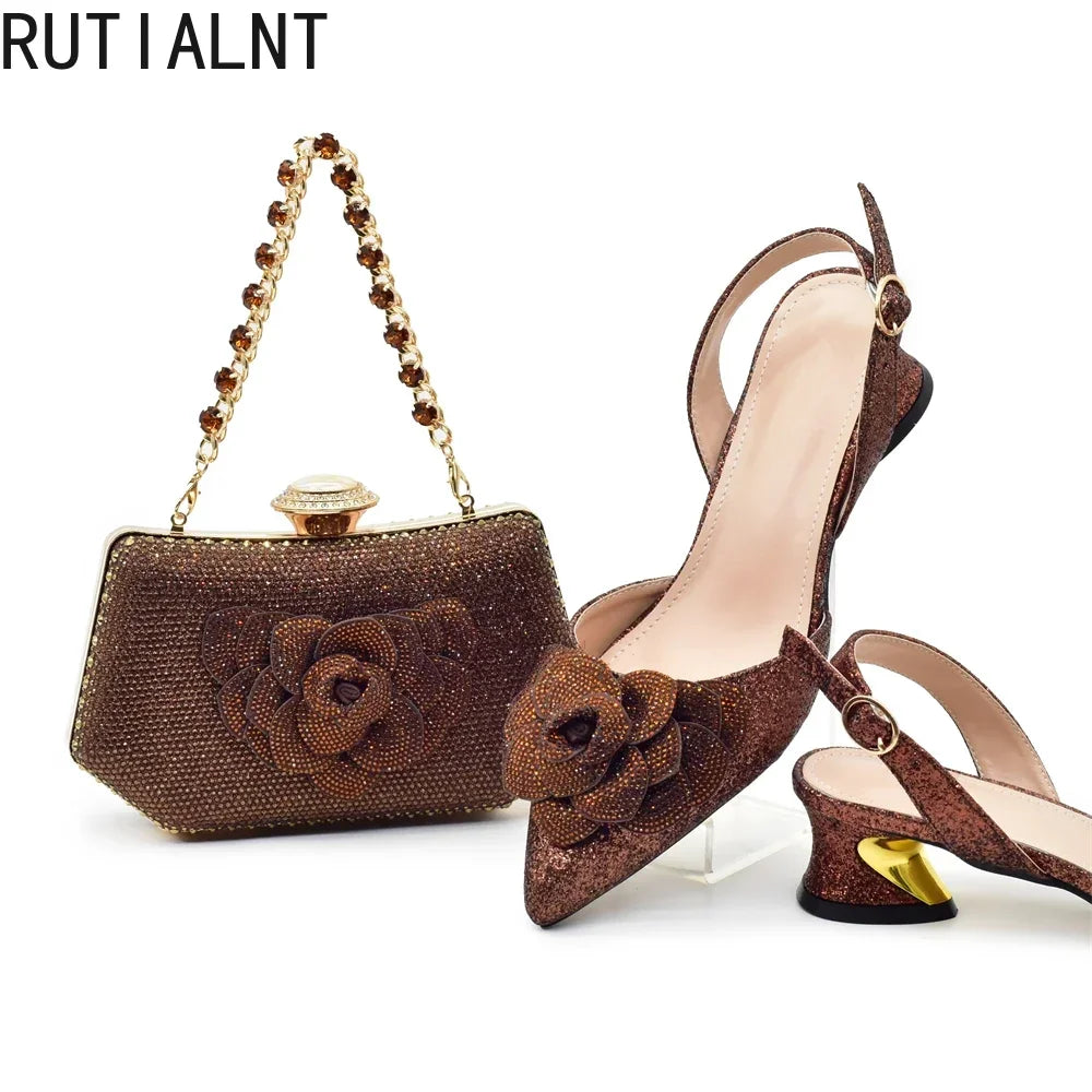 Fashion Shoe and Bag Set for Nigeria Party Italy Luxury Italian Shoes and Bag Set for Women Rhinestone Pumps Women Shoes Luxury