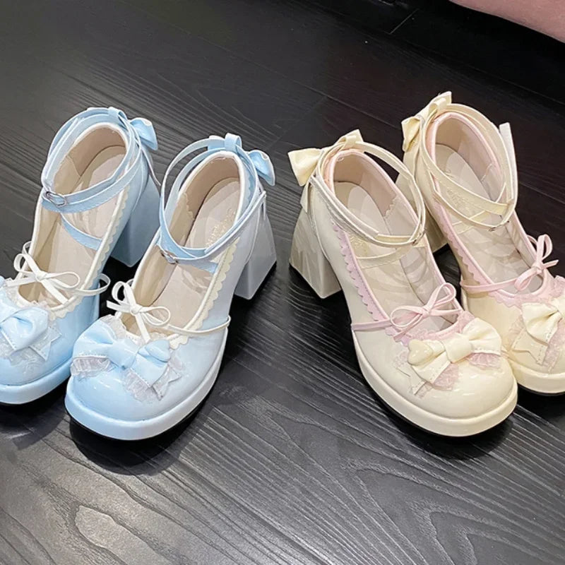 Spring/Autumn New Style Round Toe Square Heel Increased Fashion Elegant High Heel Women's Shoes Bow Decorated Mary Jane Shoes