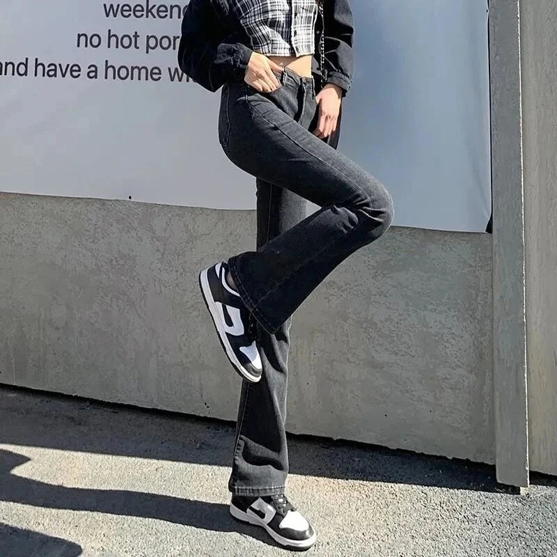 2024 Woman High Waist Vintage Flare Jeans Female Elastic Bell Bottom Pants Girls Black Brown Deep Blue Light Blue Denim Trousers