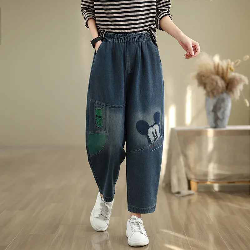 2024 Autumn Plus Size Casual Fashionable Versatile Embroidered Harem Jeans Loose Fit Bell Bottoms For Women