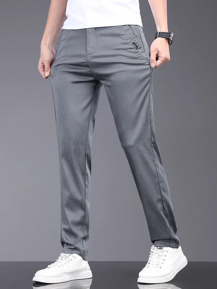 Lyocell Fabric Summer Thin Men's Casual Pants Slim Straight Elastic Waist Solid Color Business Work Trousers Brand Clothes