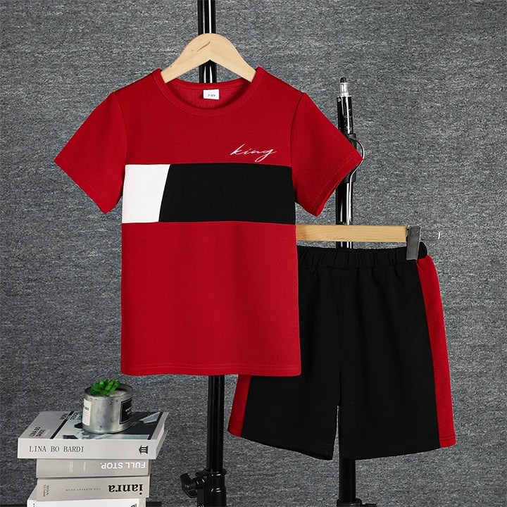 Boys Casual Colorblock Short Sleeve T-shirt+Shorts