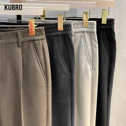 Men Thick Business Elastic Waist Classic Grey Brown Woolen Trousers Male