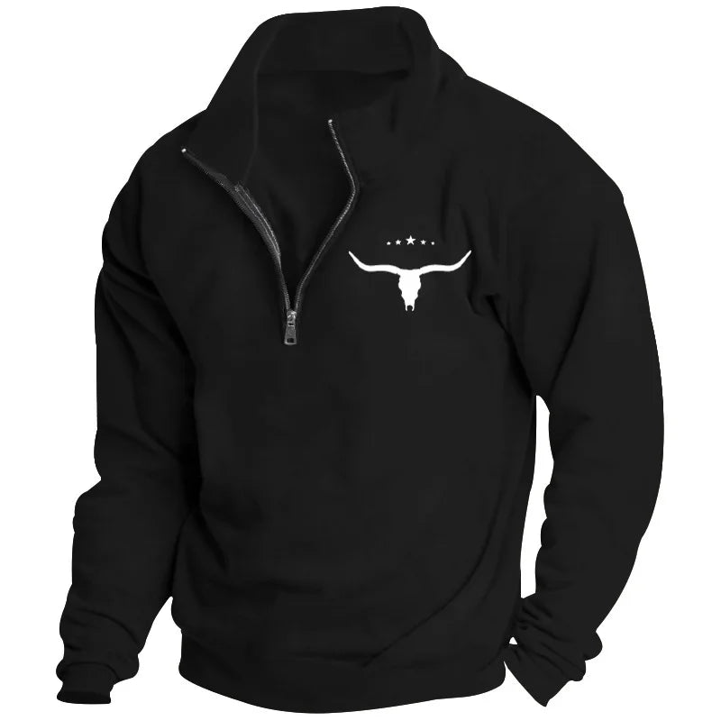 Men's Long-Sleeved Sweatshirt Autumn Winter Fleece European American Style Half-Zipper Stand-Up Collar Solid Color Bull Head Pri