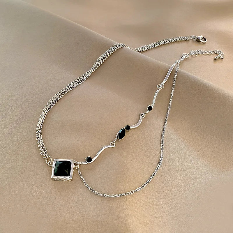 Black Square Pendant Double Layer Necklaces for Women