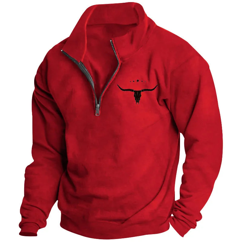 Men's Long-Sleeved Sweatshirt Autumn Winter Fleece European American Style Half-Zipper Stand-Up Collar Solid Color Bull Head Pri