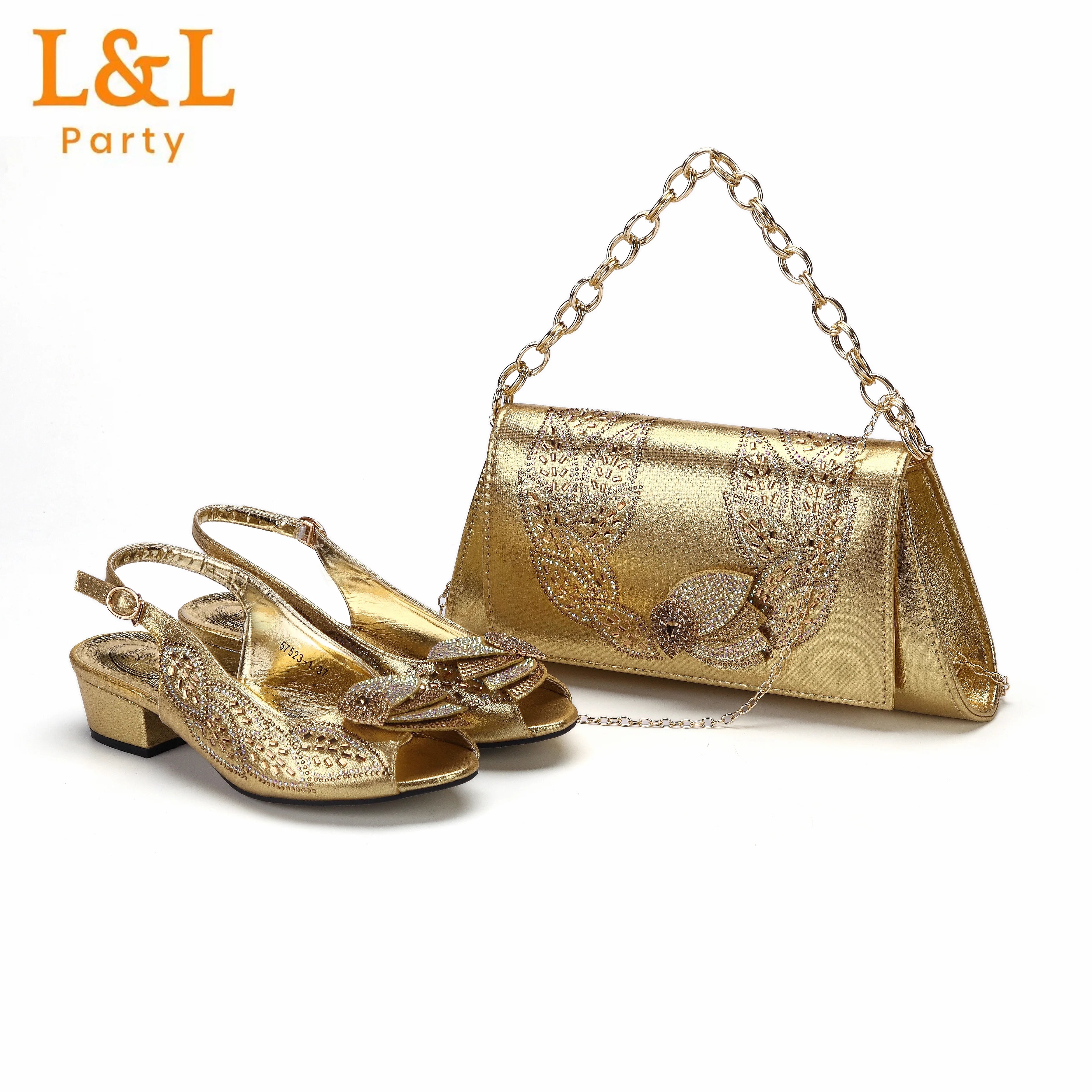 Low Heels Pumps Matching Hand Bag in Champagne Color High Quality for Wedding