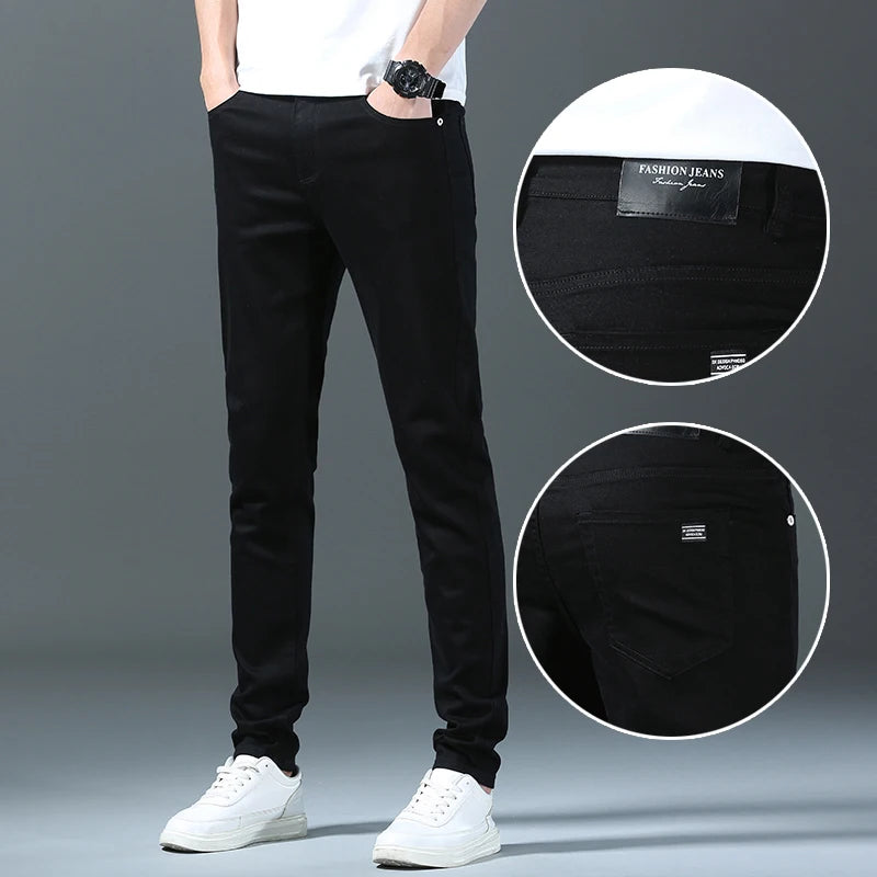 White Men's Jeans Straight Slim Solid Color Casual Denim Trousers Classic Male Pants