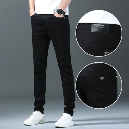 White Men's Jeans Straight Slim Solid Color Casual Denim Trousers Classic Male Pants