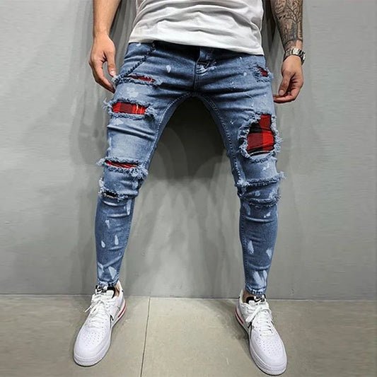 Men Jeans Classic Style Ripped Patch Elastic Pencil Pants