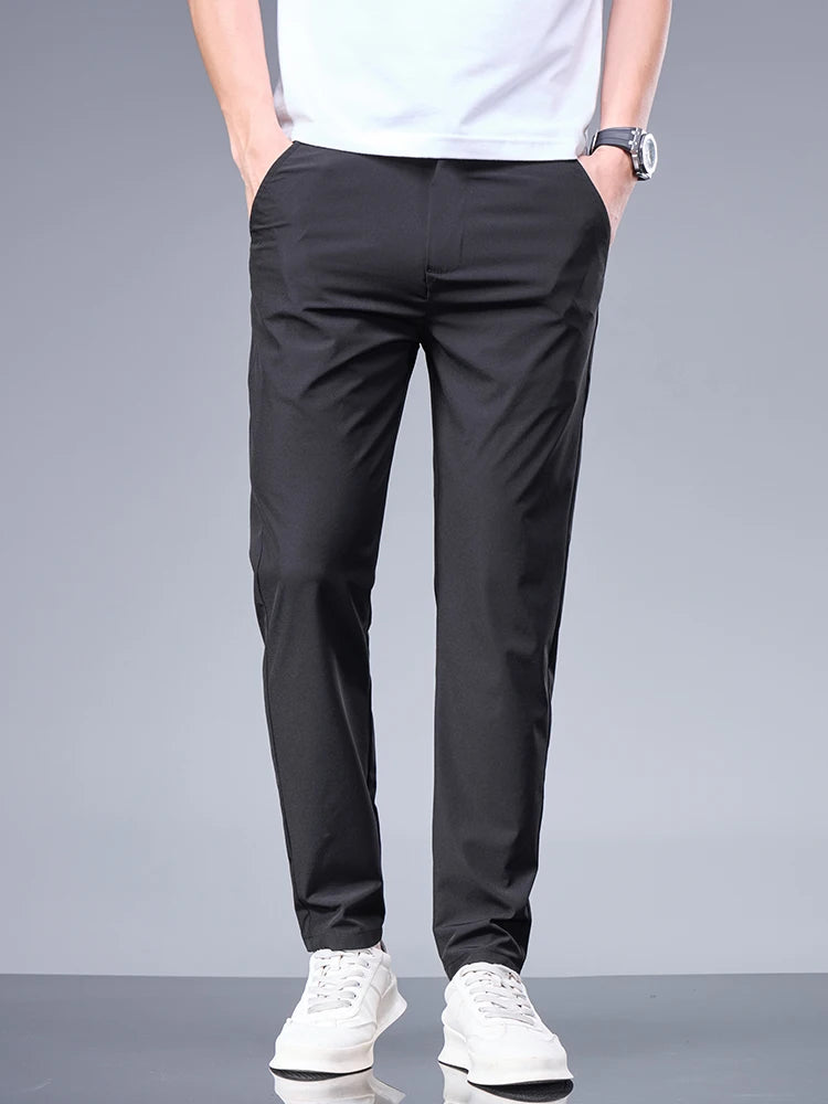 Business Ice Silk Pants Straight Elastic Waist Black Gray Trousers