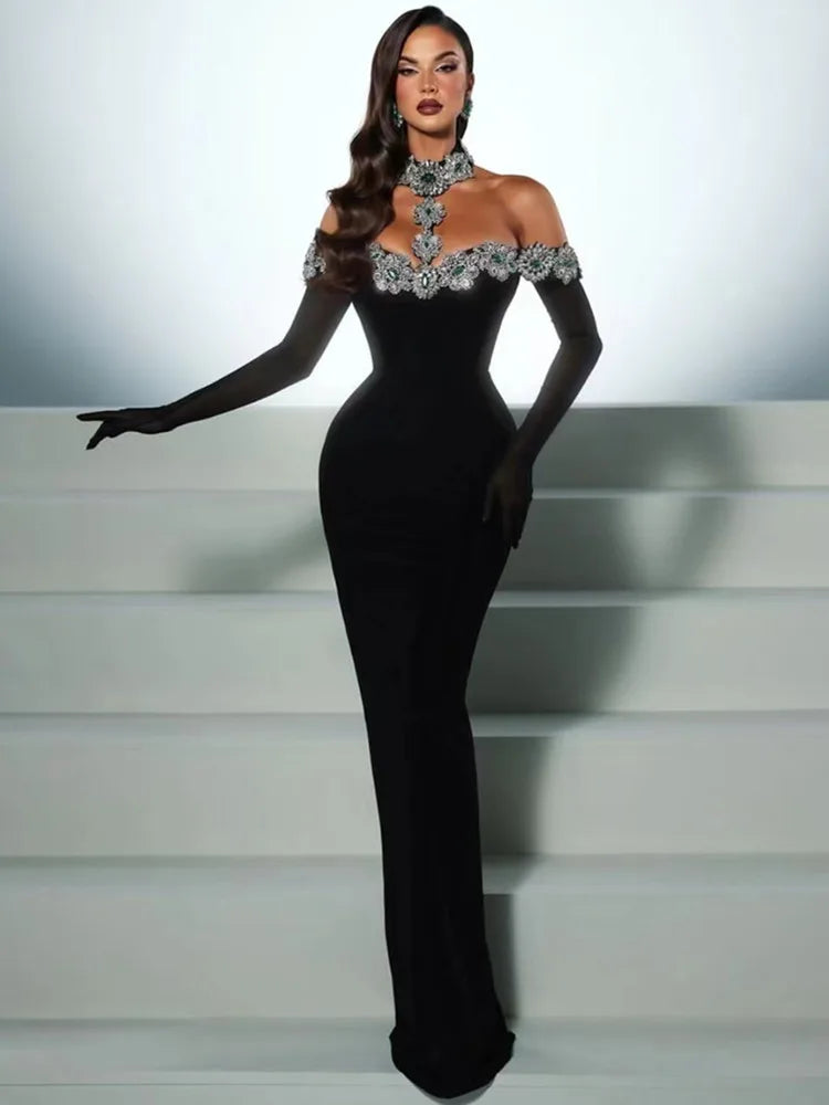 Bandage Dress Women Celebrity Sexy Diamonds Crystal Black Maxi