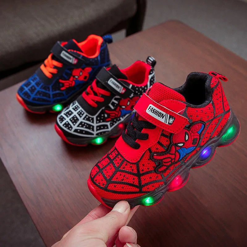 2024 Summer Spiderman Kids Sneakers Disney Children's Led Light Shoes  Boys Breathable Sport Casual Shoes Anti-slip Girls Shoes