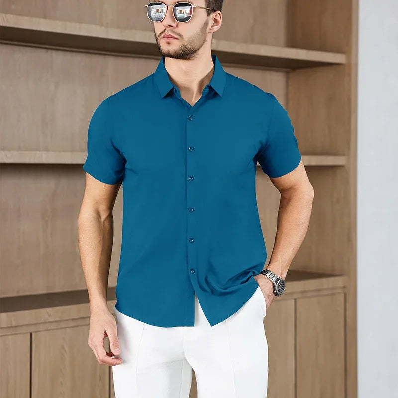 New Men's Business Casual Solid Color Short Sleeved Shirt for Summer Fashion No Ironing Comfortable and Versatile Top