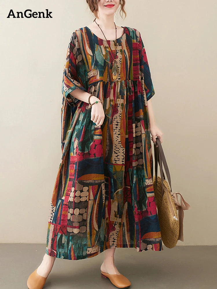 Short Sleeve Cotton Linen Vintage Print Summer Long Dresses For Women 2025 Casual Loose Holiday Ladies Dress Elegant Clothes