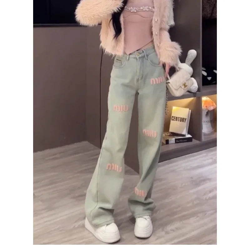2024 Korean Style Casual Jeans For Women Spring Summer New Slimming Bell Bottoms Design Sensibility Straight-leg Pants Trendy