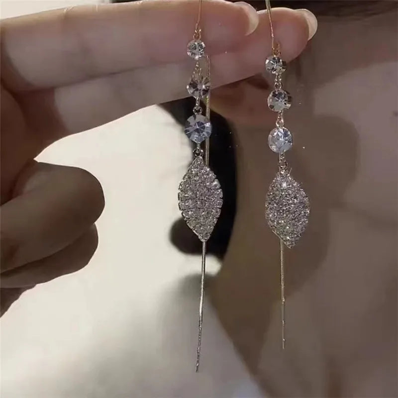 Gold Plated Crystal Leaf Tassel Drop Earrings for Women