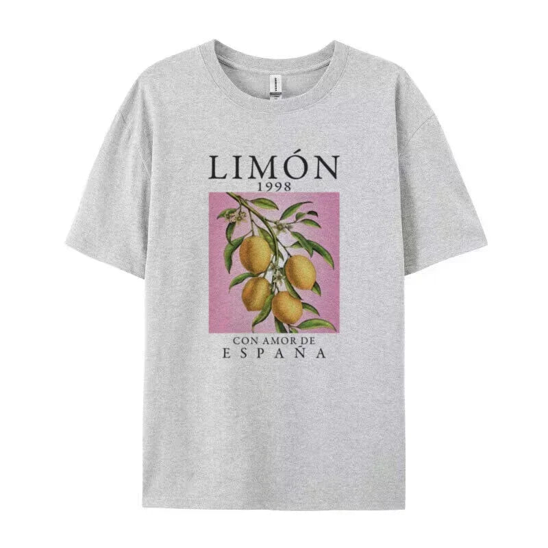 Lemon Fruit Print T-Shirts Cotton Women Graphic Tops Vintage Aesthetic Botanical Streetwear Shirt Cottagecore Clothes Oversized