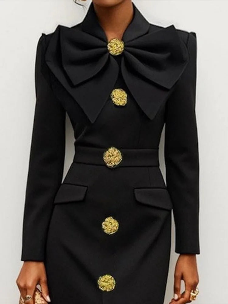 Bow Tied Buttoned Long Sleeve Slim Fit Ankle-length Dress