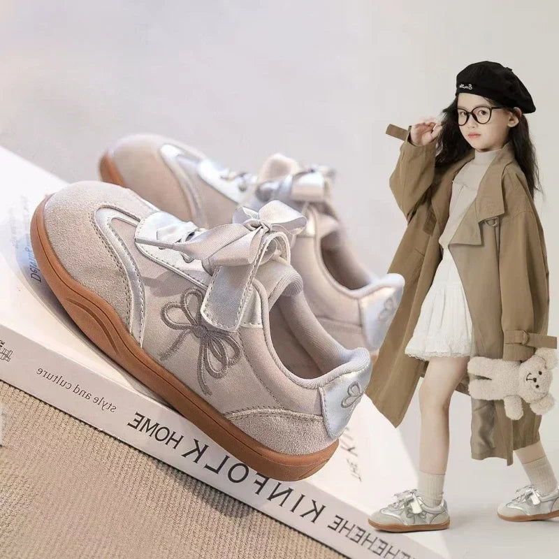 2025 Children Casual Sneakers for Girls Spring New Fashion Korean Style Soft Anti-slippery Versatile Chic Sweet Bowtie Shoes