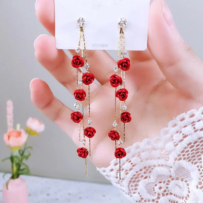 Rose Flower Long Tassel Dangle Earrings For Women