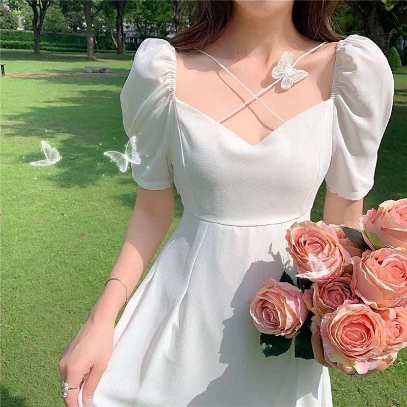 EVNISI Women Summer White Dress Puff Sleeve Party Dating Dress Square Neck A-line Fashion Casual Solid Holiday Dress 2024
