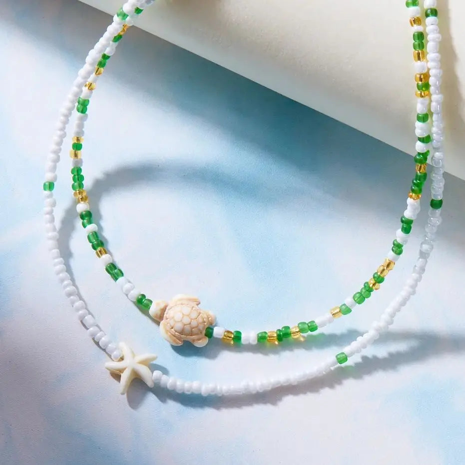 Bohemian Double Rice Bead Chain Clavicle Necklace for Women