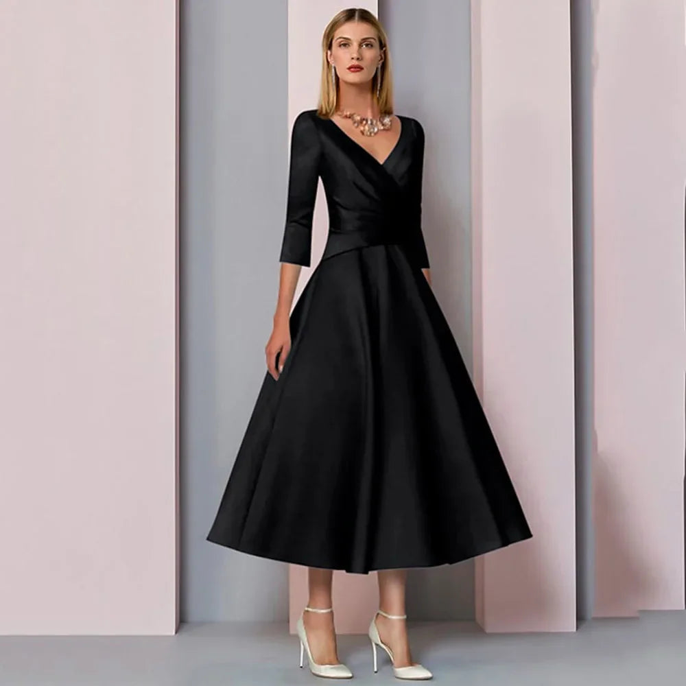 Evening Dress Women Elegant Sexy Satin Deep V-neck 3/4 Sleeves