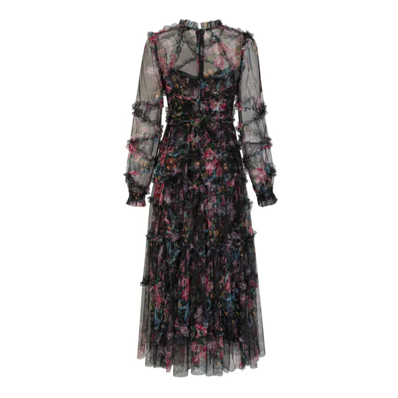Women's Tide Long Sleeve Skirts Floral Organza Pleated