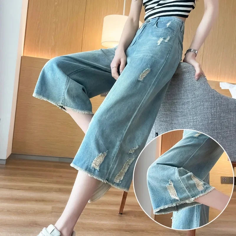 Retro Hole Straight Leg Denim Jeans Women Summer High Waist Loose Slim Small Size Summer Clothes Nostalgic Wide Leg Pants