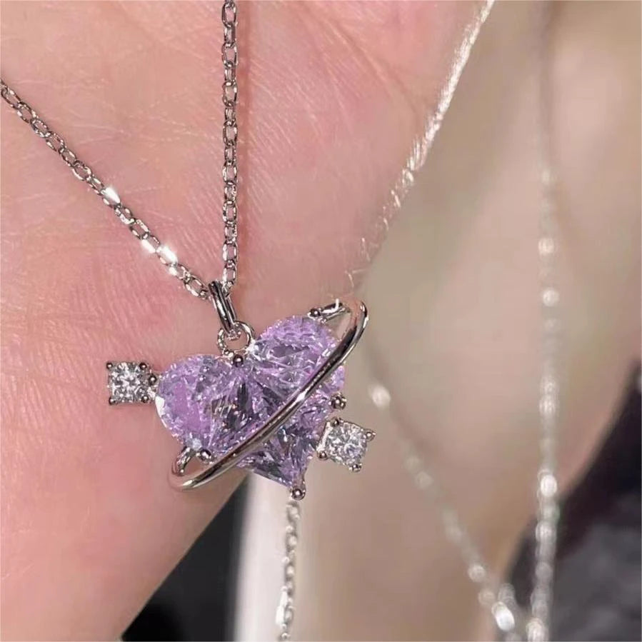 Y2K Pink Planet Heart Zircon Pendant Necklaces For Women