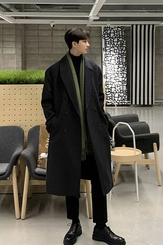 Manteau d'automne-hiver pour homme, nouvelle collection 2023, en laine de style coréen, mi-long, épaissi, avec double boutonnage et finition haut de gamme.