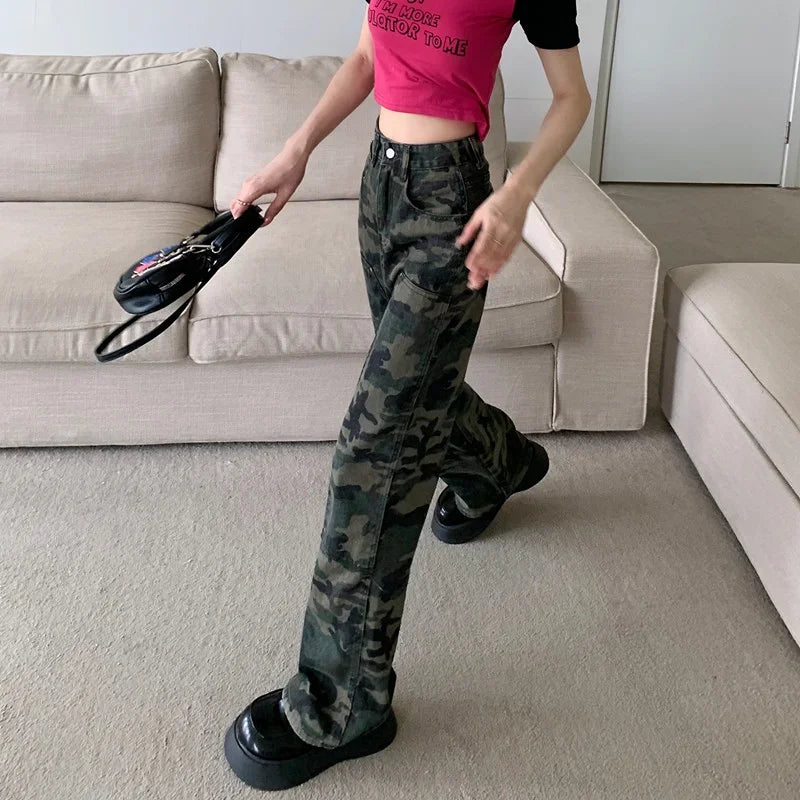 Autumn Spring Vintage Camouflage Jeans Women Denim Pants High Waist Straight Trousers Fashion Female Casual Wide Leg Pants