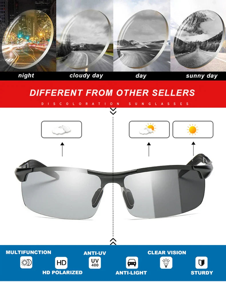 CLLOIO Aluminum Photochromic Sunglasses Men Polarized Day Night Driving Chameleon Glasses Anti-Glare Change Color Sun Glasses UV
