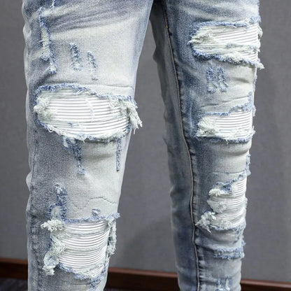 Men Jeans Retro Blue Stretch Skinny Fit Hole Ripped Jeans Men