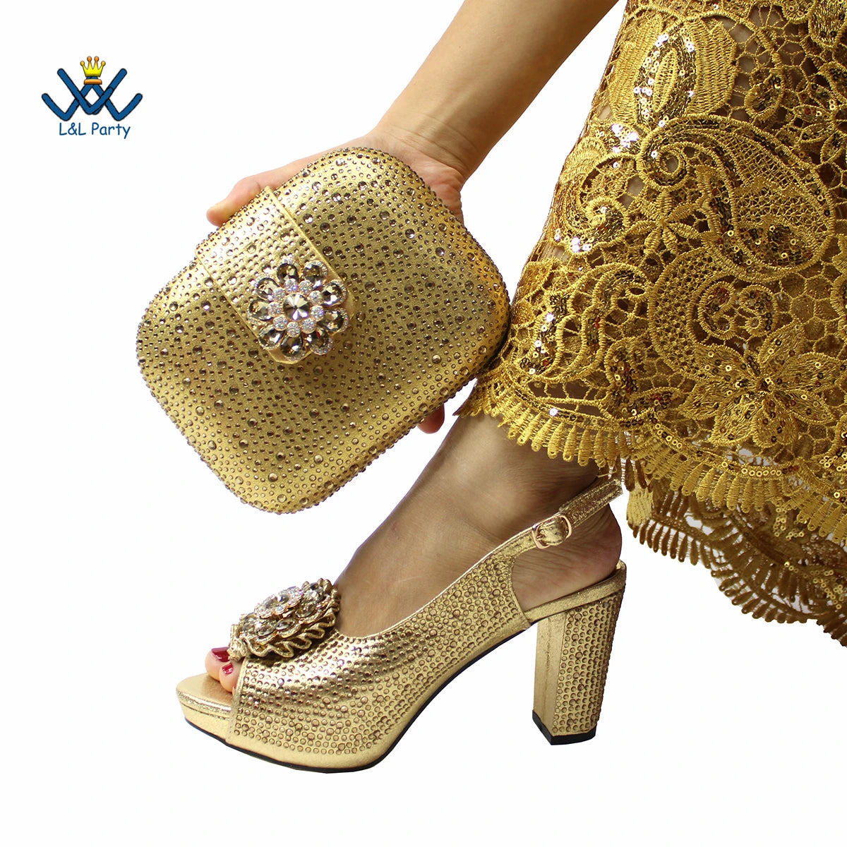 Peep Toe Spring Autumn Lady Shoes and Bag Set in Gold Color