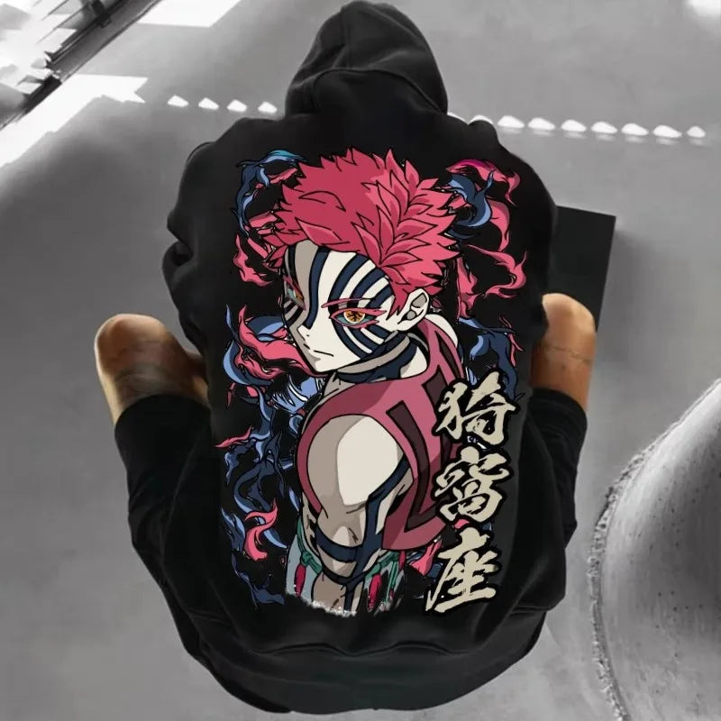 Anime Demon Slayer Akaza Print White Hoodie Oversized Streetwear Sweatshirt