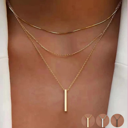 Vintage Layered Metal Bar Pendant Necklace for Women