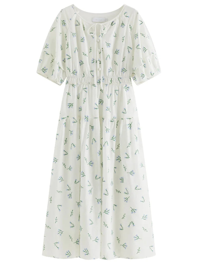 FSLE French Embroidery Floral Design Summer Long Dress For Women Lantern Sleeve High Waist Loose Dress 24FS12269