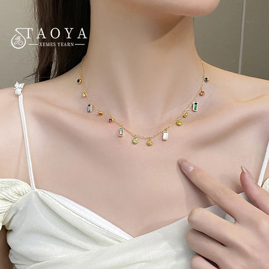 Light Luxury Stainless Steel Colorful Zircon Dopamine Short Collar Chain Necklace