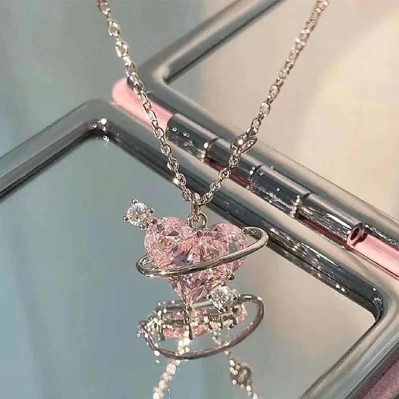 Y2K Pink Planet Heart Zircon Pendant Necklaces For Women