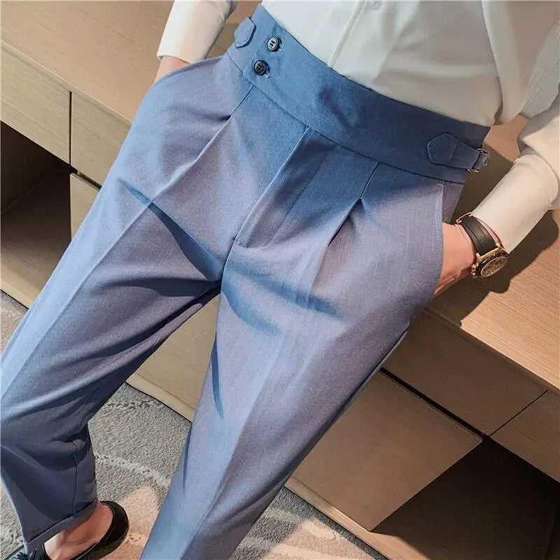 Men High Waist Casual Dress Pant Men Belt Design Slim Trousers