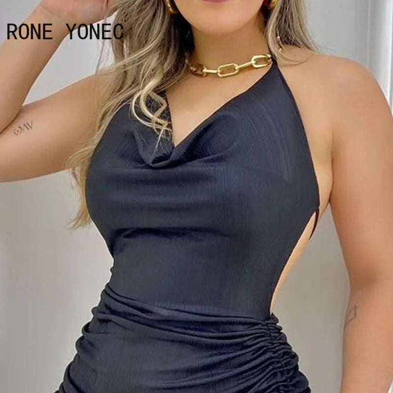 Solid Sexy Halter Swinging Collar Backless Lace Up Shirring Mini Party  Dresses