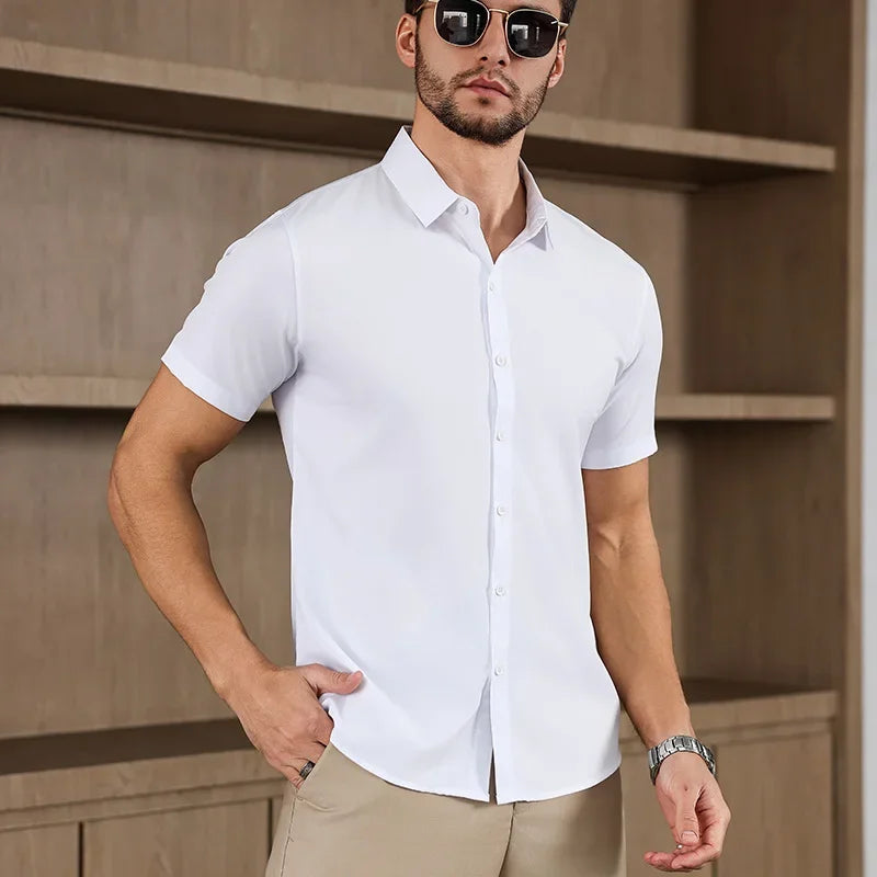 New Men's Business Casual Solid Color Short Sleeved Shirt for Summer Fashion No Ironing Comfortable and Versatile Top
