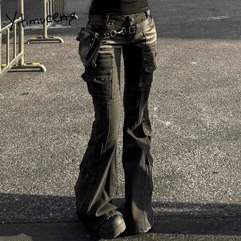 Yitimuceng American Retro Low Waist Denim Cargo Pants Women Washed Distressed Multi-pocket Flare Jeans Y2k Spice Girl Streetwear