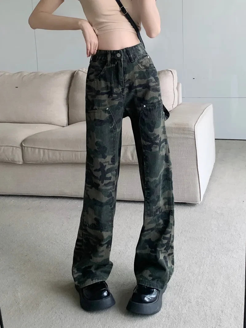 Autumn Spring Vintage Camouflage Jeans Women Denim Pants High Waist Straight Trousers Fashion Female Casual Wide Leg Pants