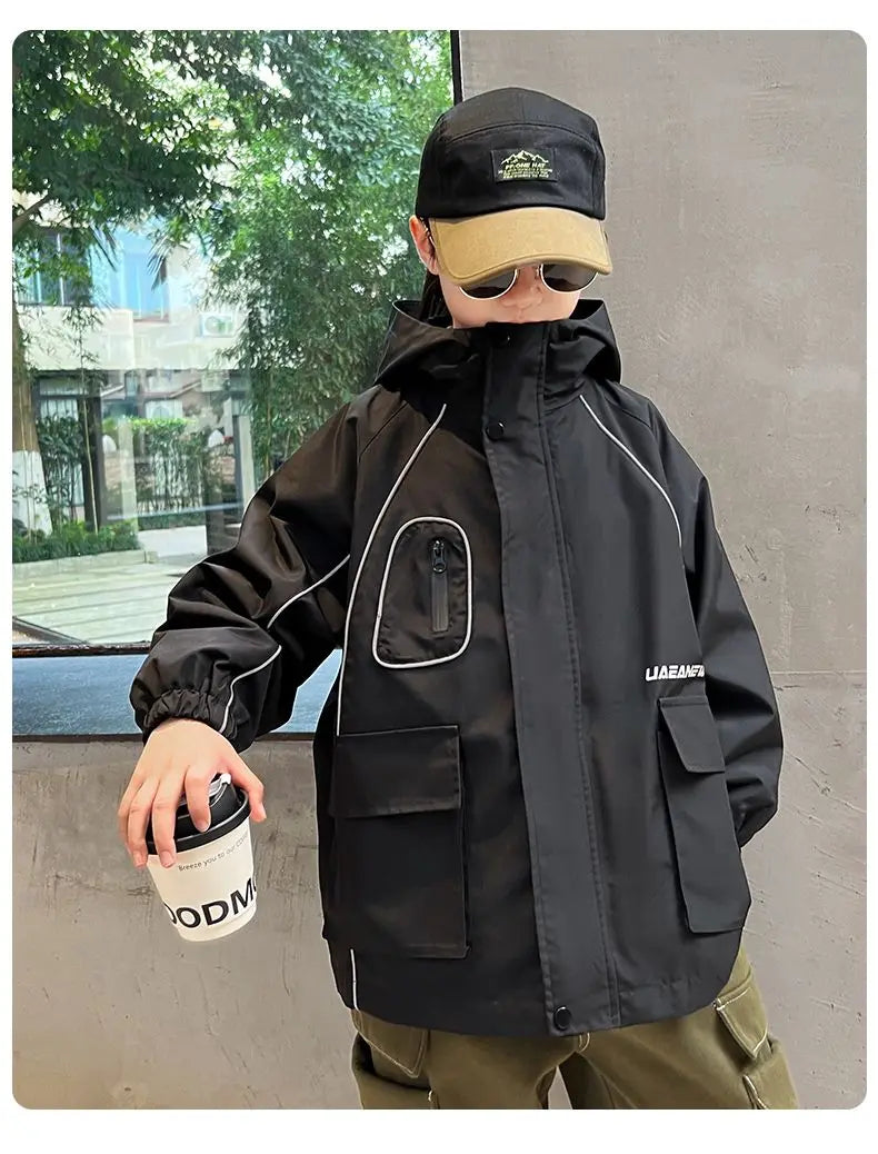 Spring Autumn Outerwear Kid Boys Jackets Zipper Hooded Children Windbreak Waterproof Top Casual Joggers Boys Loose Coats 5-14Y