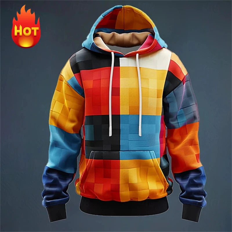 Y2K Men's Hoodie 3d Simulation Stitching Plaid Print Hooded Sweatshirts Pop Men Clothing Oversized Street New Designer Pullovers