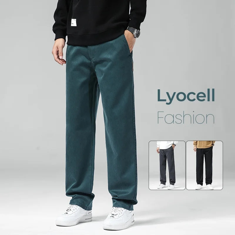Straight Fashion Lyocell Casual Pants Men Breathable Stretch Korean Loose Trousers Trendy Wide-leg Men's Pants Plus Size M-5XL